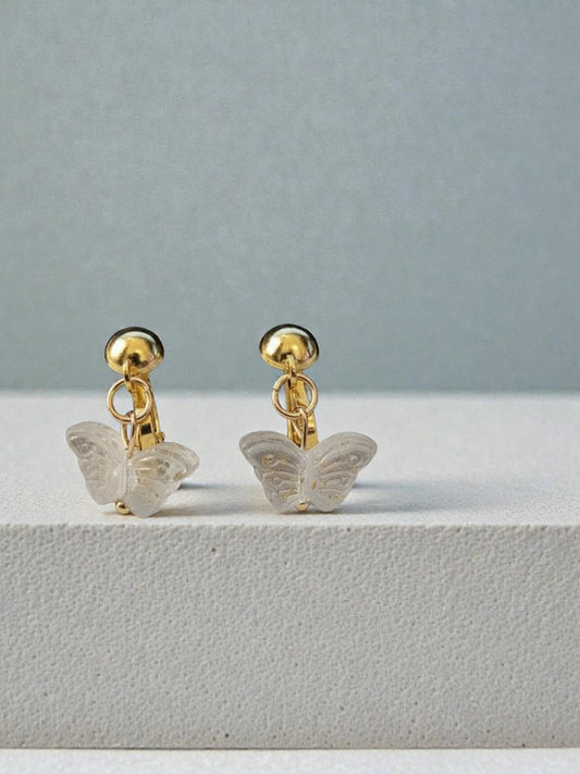 Light Blue Sparkle Butterfly Clip on Dangle Earrings on Gold Clips