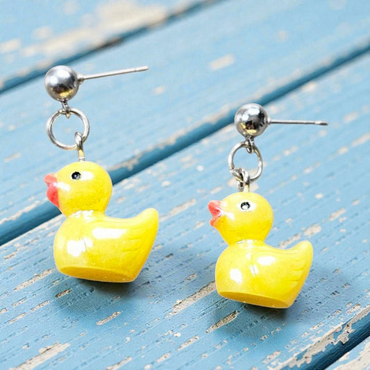 Yellow Rubber Ducky Resin Dangle Earrings on Silver Studs